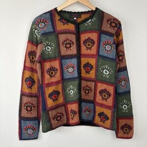 Tabask Cardigan Womens M Floral Patchwork  Alpaca Blend Handmade In Peru Sweater
